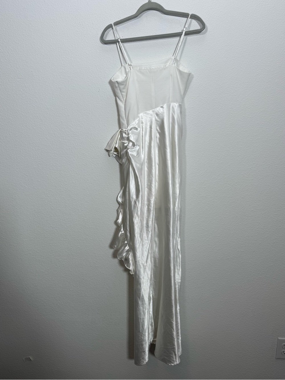 Mable Siobhan White Satin Side Ruffle Maxi Dress Bridalcore Wedding Guest Formal - Picture 4 of 10